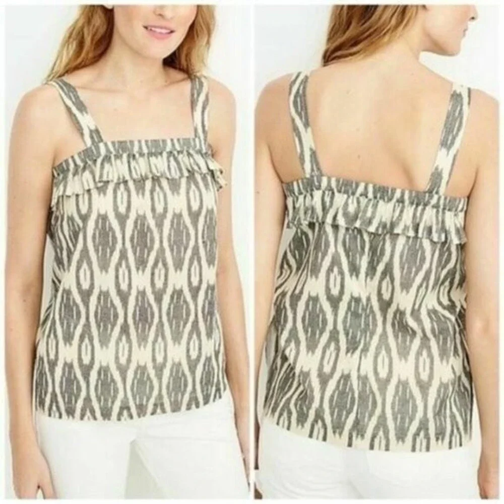J. CREW Size 0 Beige Gray Ikat Ruffle Flounce Sleeveless Cotton Tank Top Blouse